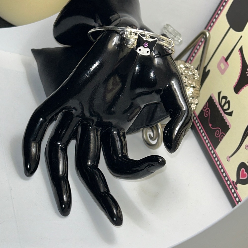 Hello Kitty Silver Bangle Bracelet with Black Enamel Charm